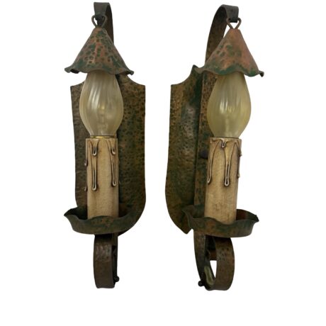VL1373 Pr Antique c1915 Hammered Copper Plated Iron Sconces Smoke Bells Restored
