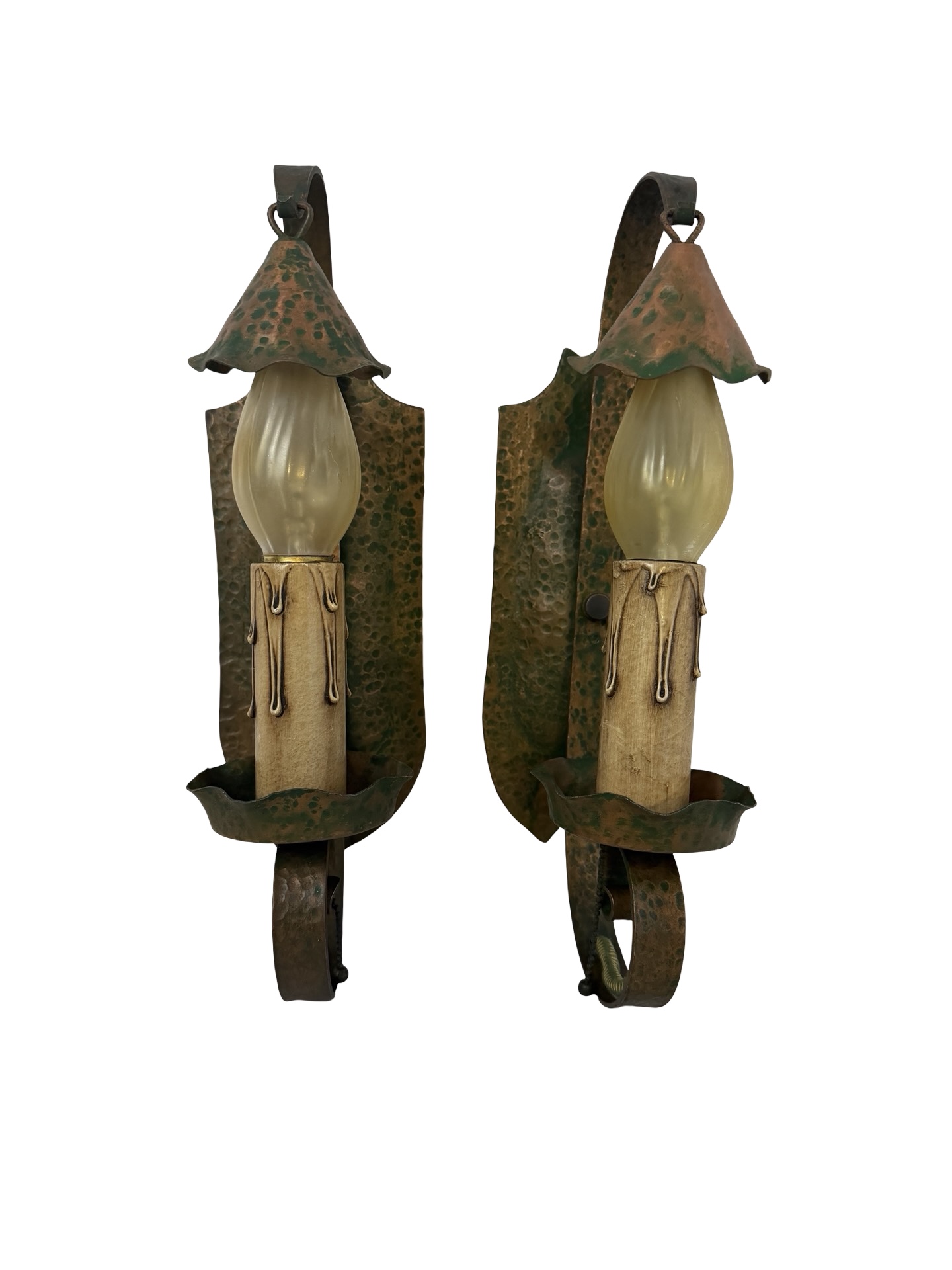 VL1373 Pr Antique c1915 Hammered Copper Plated Iron Sconces Smoke Bells Restored