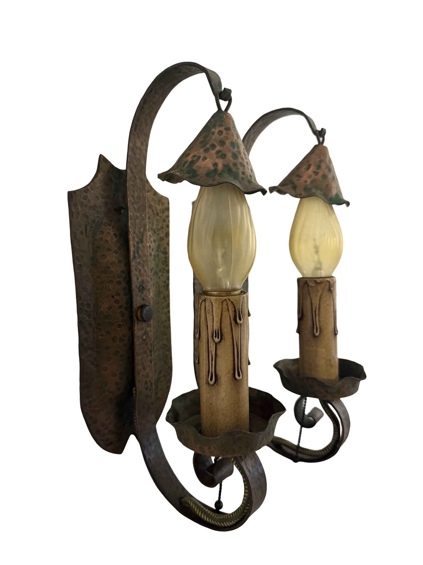 VL1373 Pr Antique c1915 Hammered Copper Plated Iron Sconces Smoke Bells Restored - Image 2