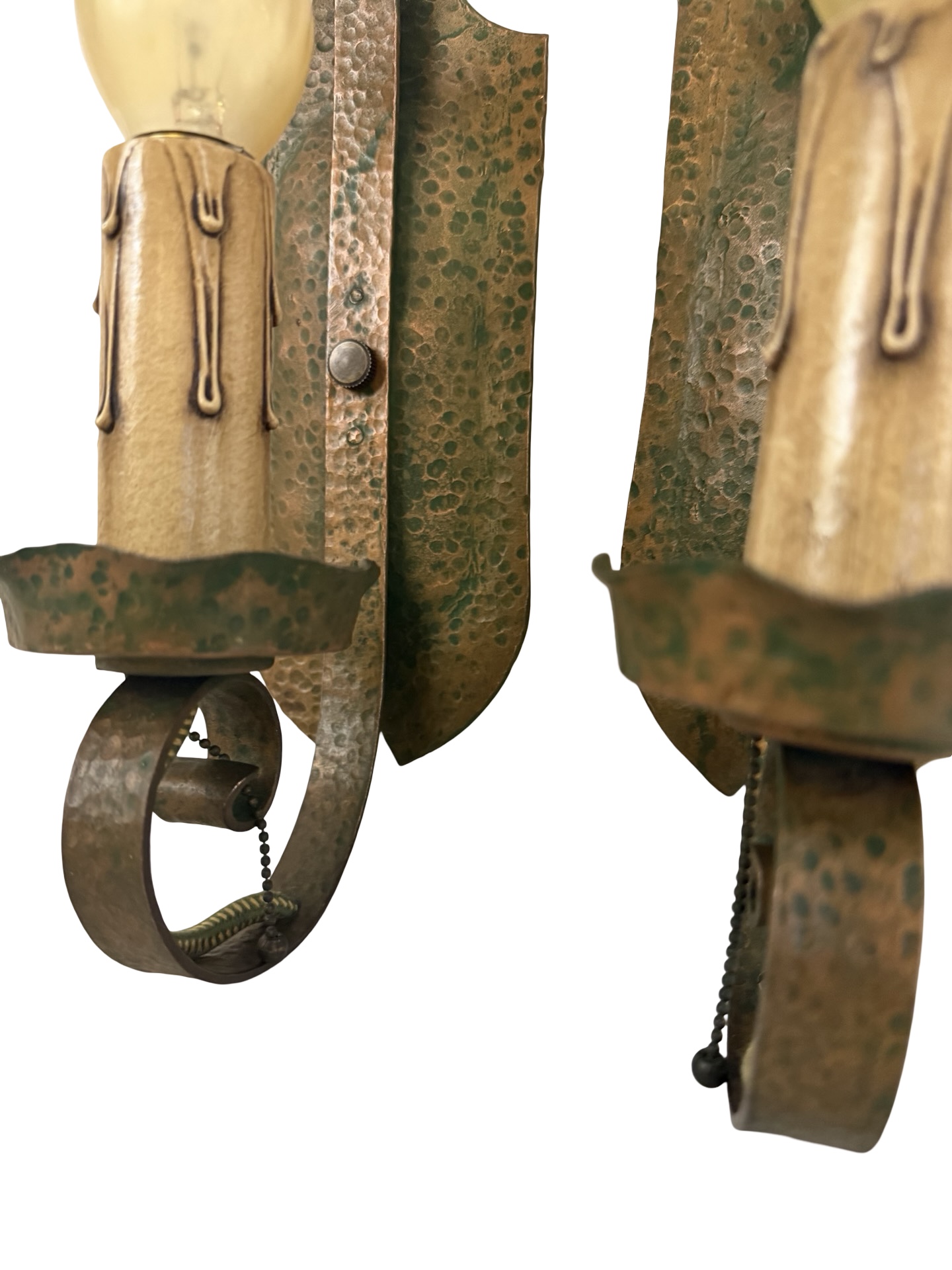 VL1373 Pr Antique c1915 Hammered Copper Plated Iron Sconces Smoke Bells Restored - Image 6