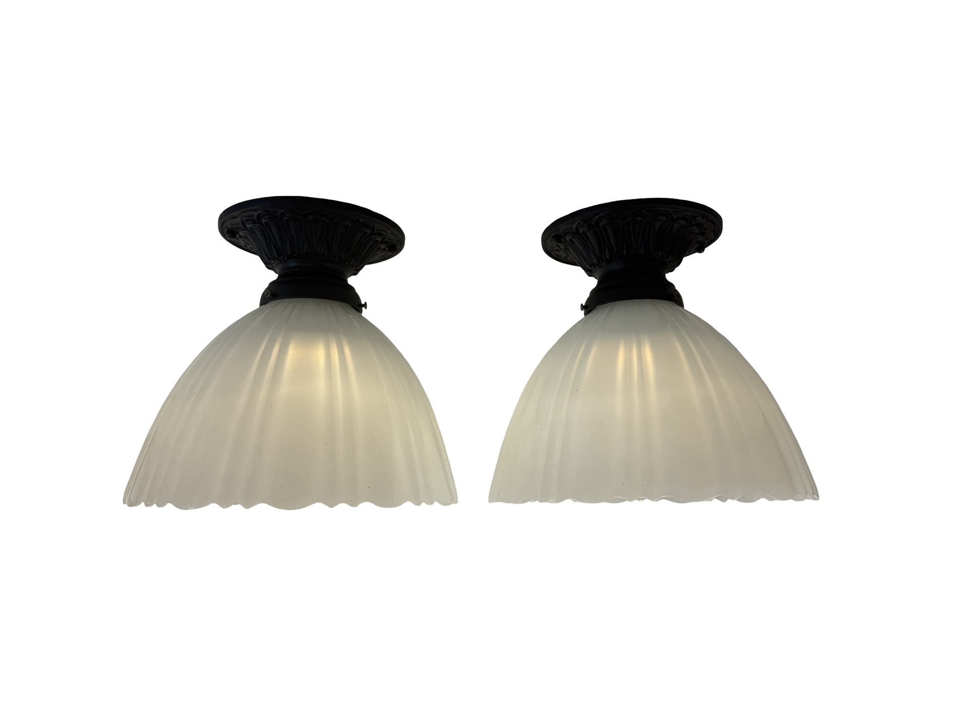 VL1386 Pair Antique c1915 Cast Iron Semi-Flush Mount Lights Sheffield Shades