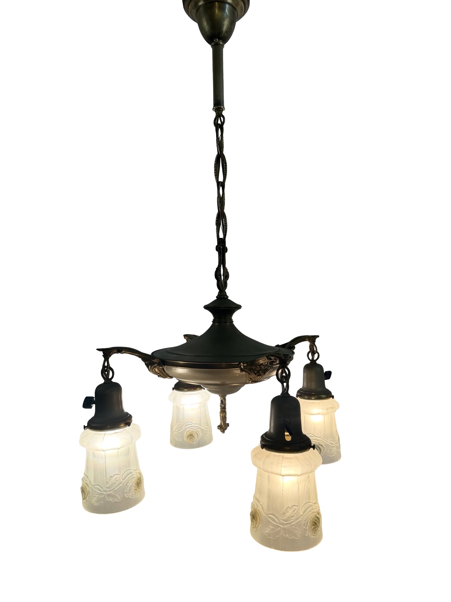 VL1355 Antique c1920 Brass Pan 4-Light Chandelier Embossed Rose Shades Restored - Image 2