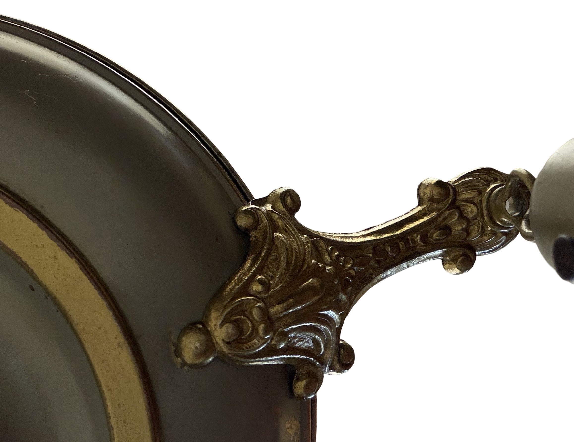 VL1355 Antique c1920 Brass Pan 4-Light Chandelier Embossed Rose Shades Restored - Image 5