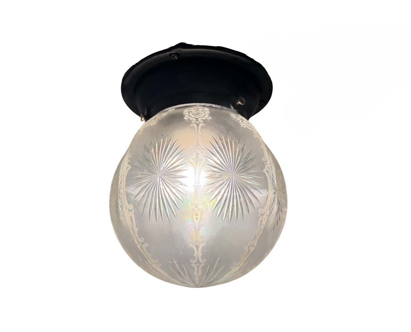 VL1379 Antique c1910 Semi-Flush Mount Light Wheel Cut Etched Shade Restored
