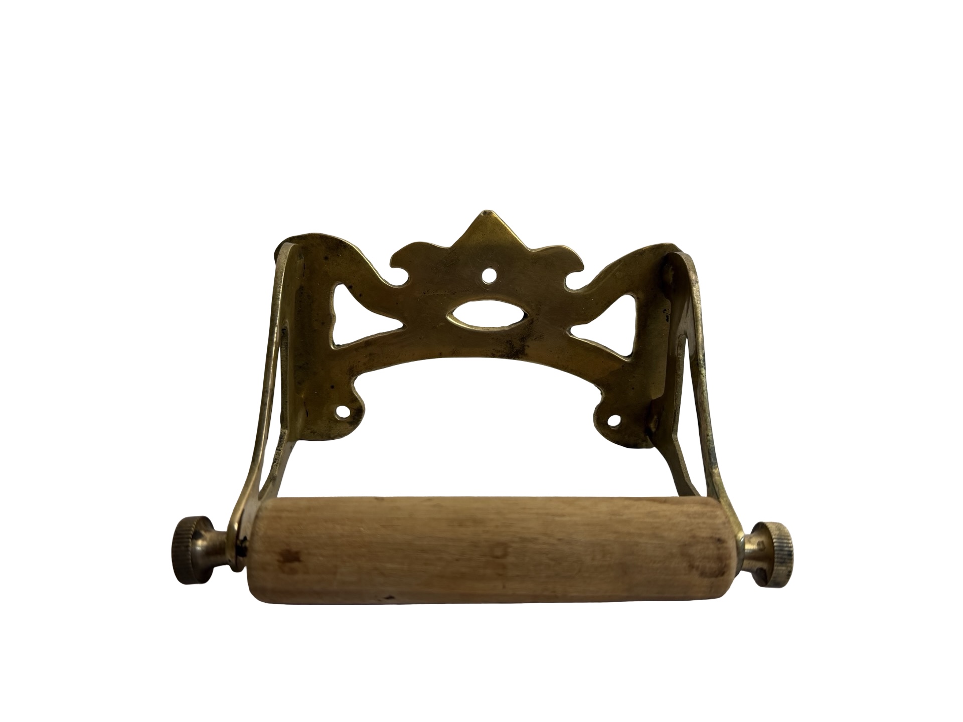VBP1117 Vintage Ornate Cast Brass Toilet Paper Holder Wood Spindle Reproduction - Image 3