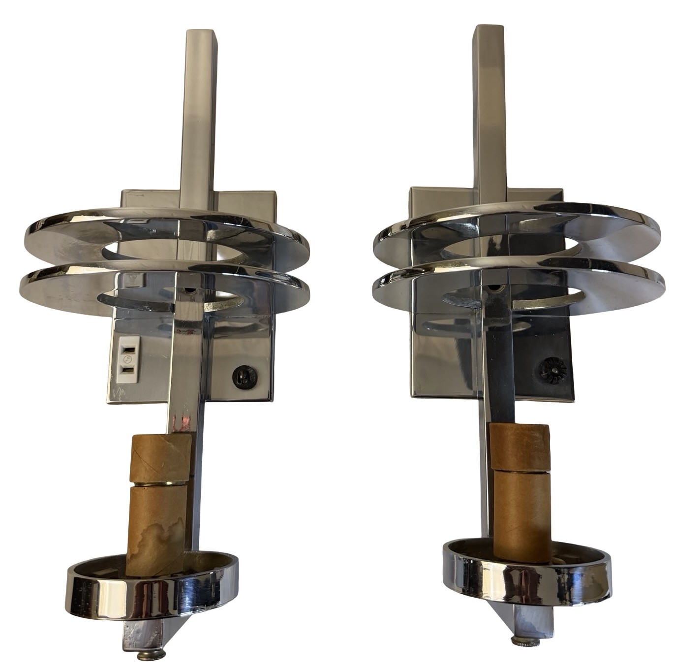 VL1392 Pair Art Deco c1930 Chrome Sconces Milk Glass Cylinder Shades Restored - Image 7