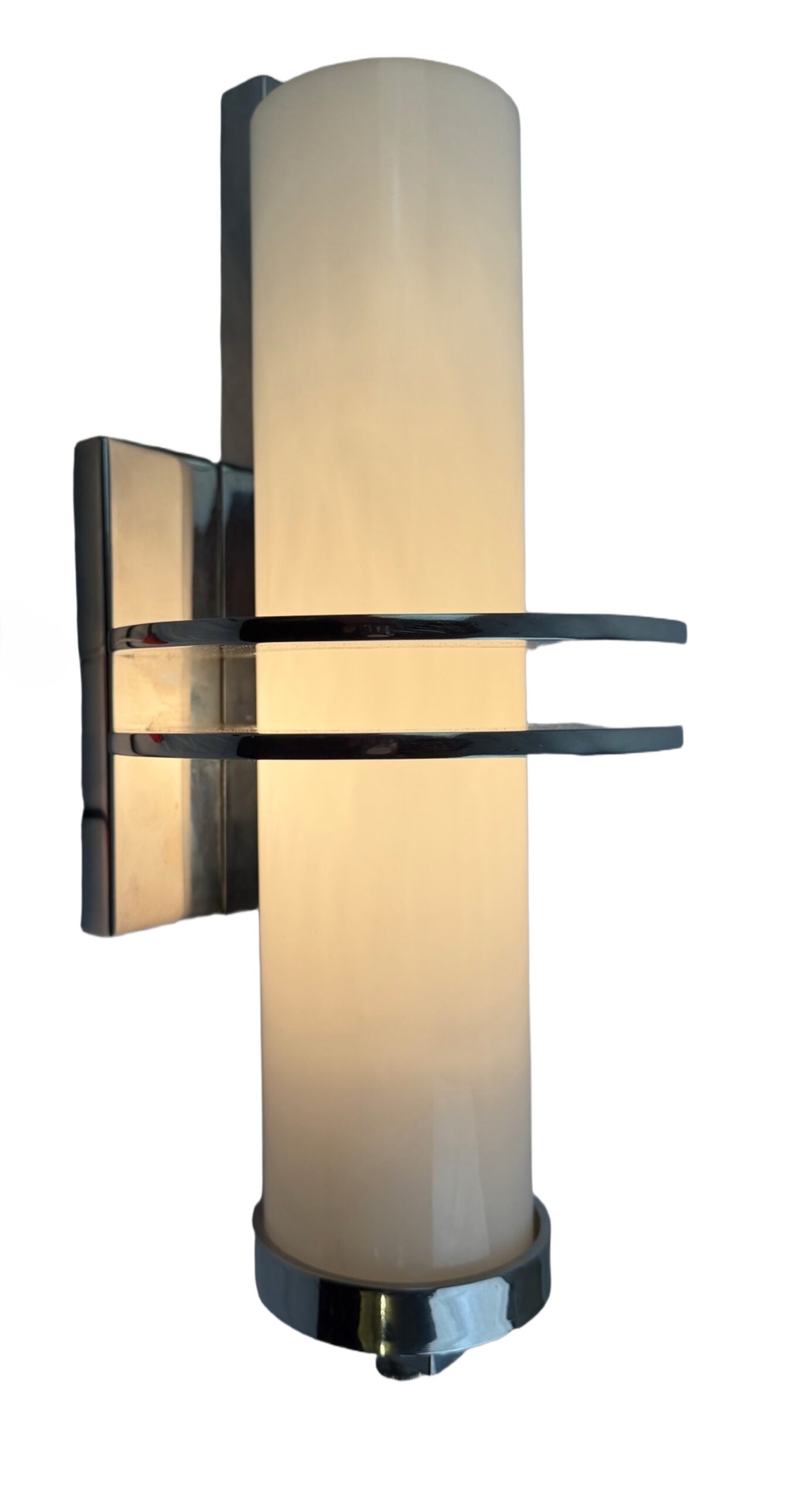 VL1392 Pair Art Deco c1930 Chrome Sconces Milk Glass Cylinder Shades Restored - Image 3