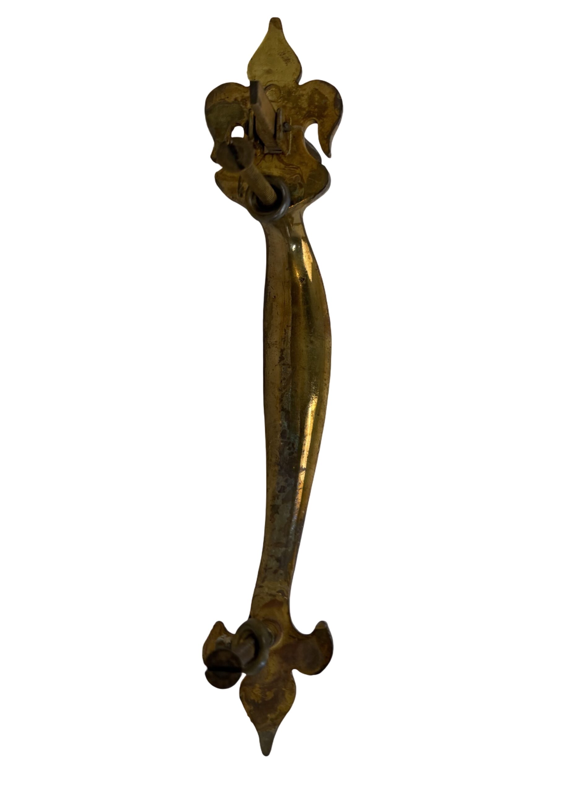 AH1046 Antique c1920 Cast Brass Tudor Entry Door Handle Fleur de Lis Restored - Image 2