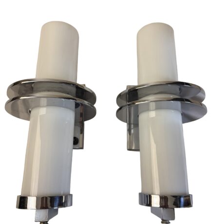 VL1392 Pair Art Deco c1930 Chrome Sconces Milk Glass Cylinder Shades Restored