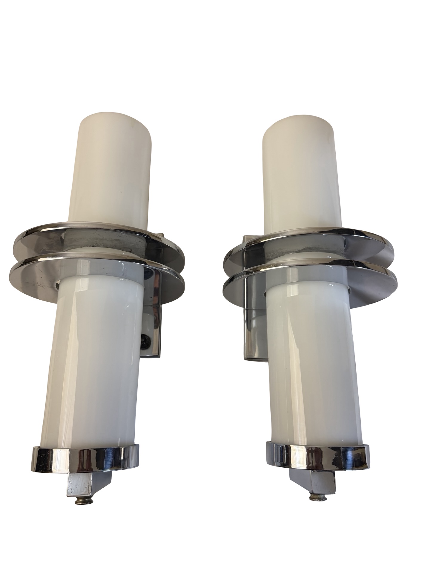 VL1392 Pair Art Deco c1930 Chrome Sconces Milk Glass Cylinder Shades Restored