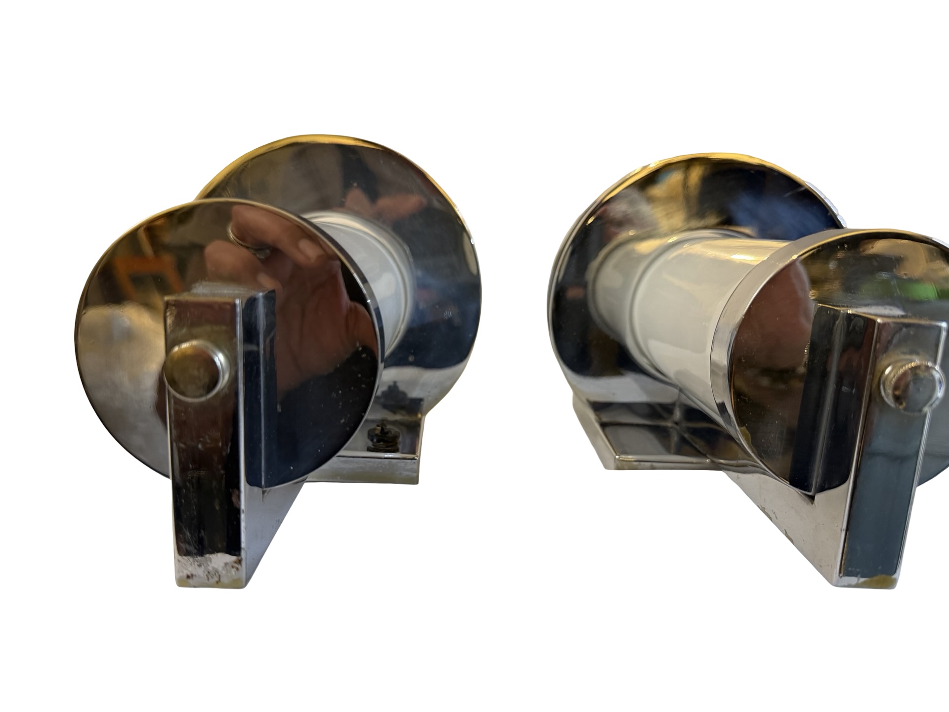 VL1392 Pair Art Deco c1930 Chrome Sconces Milk Glass Cylinder Shades Restored - Image 8