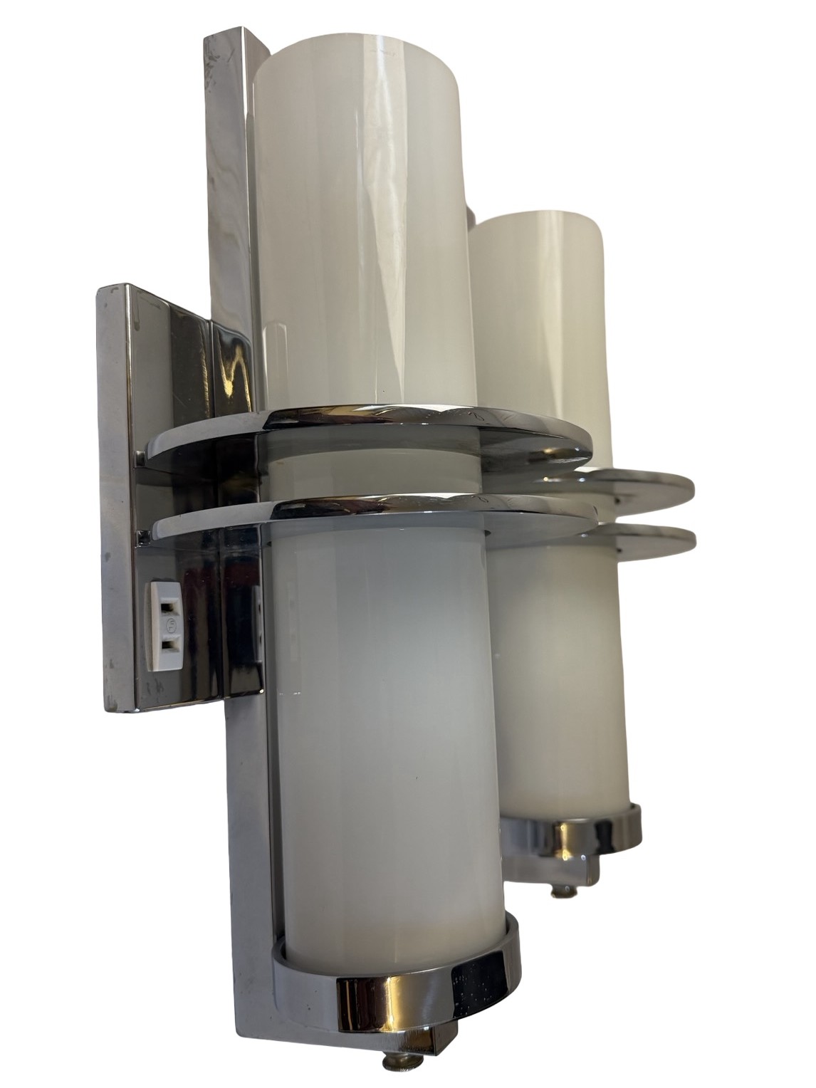 VL1392 Pair Art Deco c1930 Chrome Sconces Milk Glass Cylinder Shades Restored - Image 2