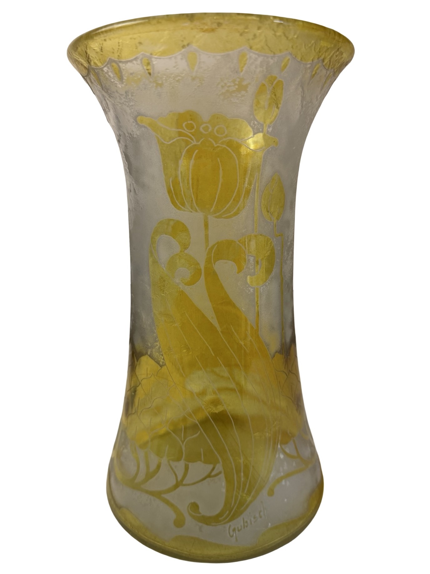 COL1006 RARE Antique c1900 Handel #4253 Acid-Etched Cameo Amber Vase Tulips - Image 3
