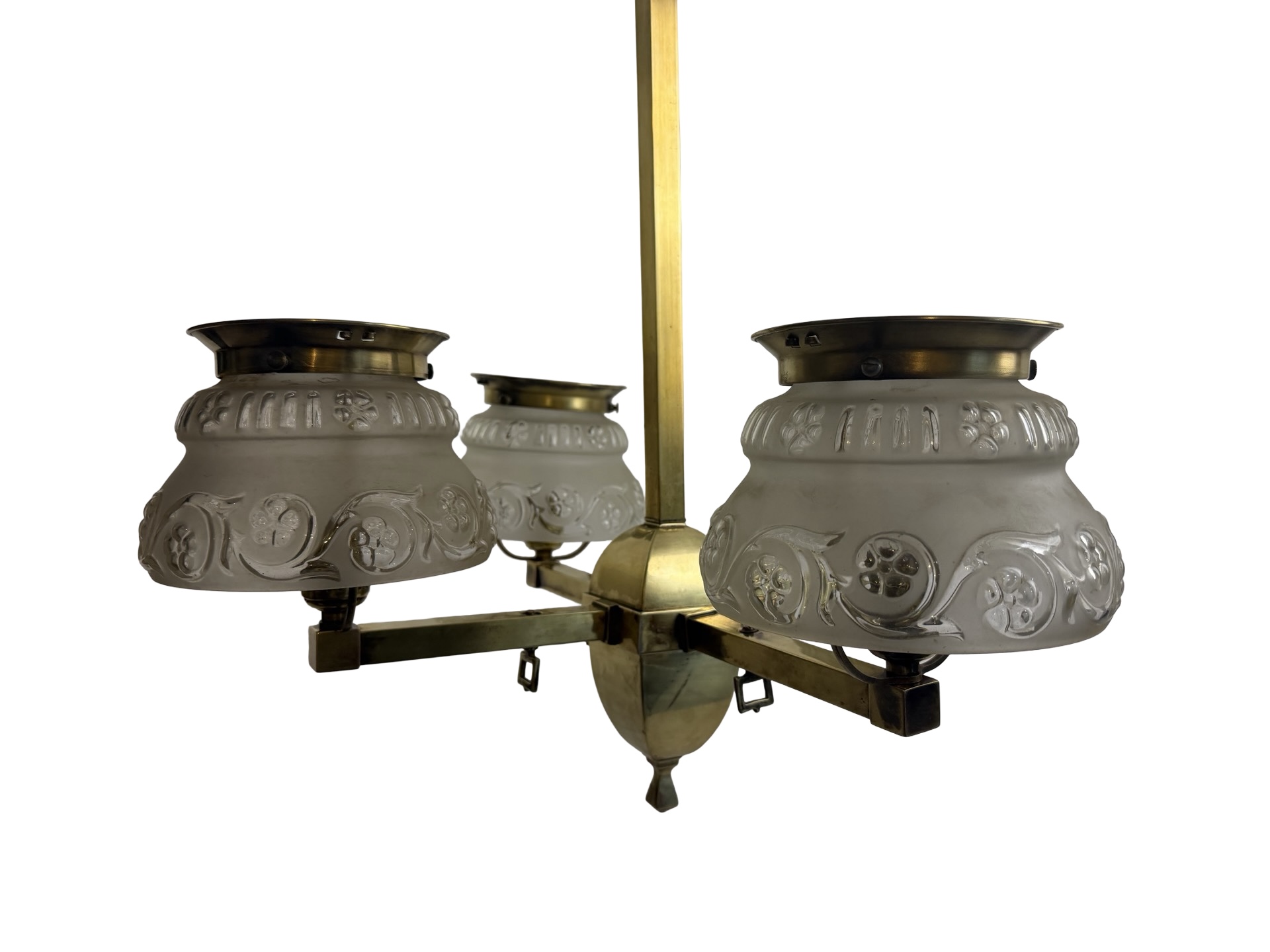 VL1294 Antique c1910 Craftsman Brass 4-Light Pole Chandelier Converted Gas Restored - Image 4