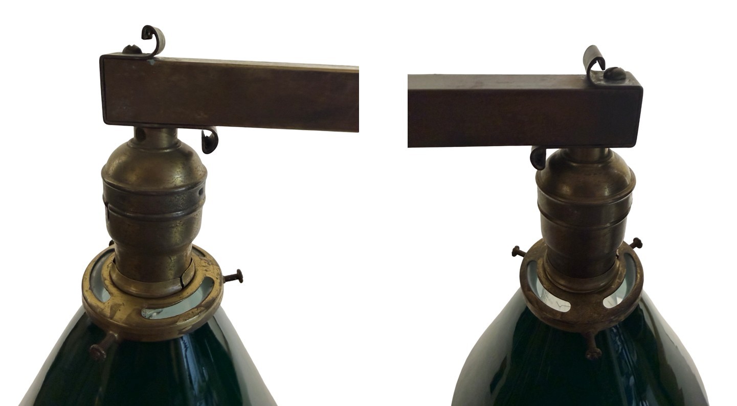 VL1398 Antique c1910 Brass Craftsman Wakefield Pendant Emeralite Shades Restored - Image 3