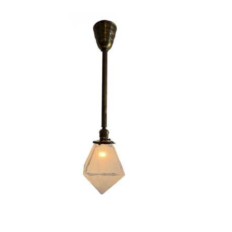 VL1396 Antique Victorian c1900 Brass Pole Pendant Etched Pyramid Shade Restored