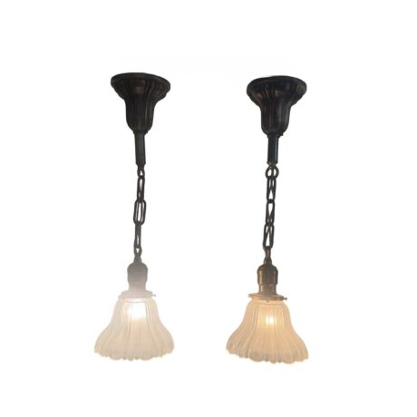 VL1397 Pair Antique Brass c1920 Sheffield Pendants Period Etched Shades Restored