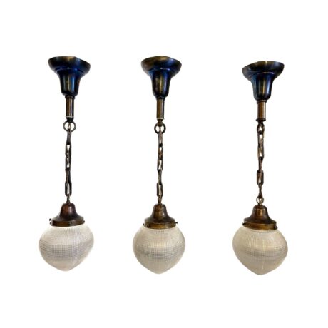 VL1394 Antique c1915 Brass Pendants Stalagmite Dental Prismatic Shades Restored