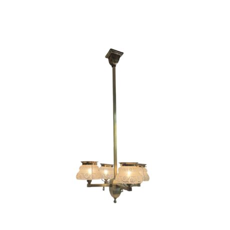 VL1294 Antique c1910 Craftsman Brass 4-Light Pole Chandelier Converted Gas Restored