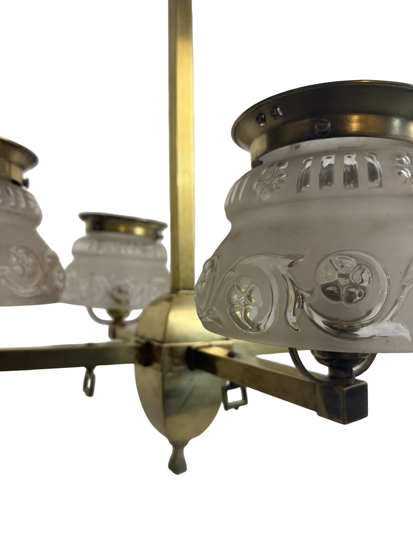 VL1294 Antique c1910 Craftsman Brass 4-Light Pole Chandelier Converted Gas Restored - Image 8