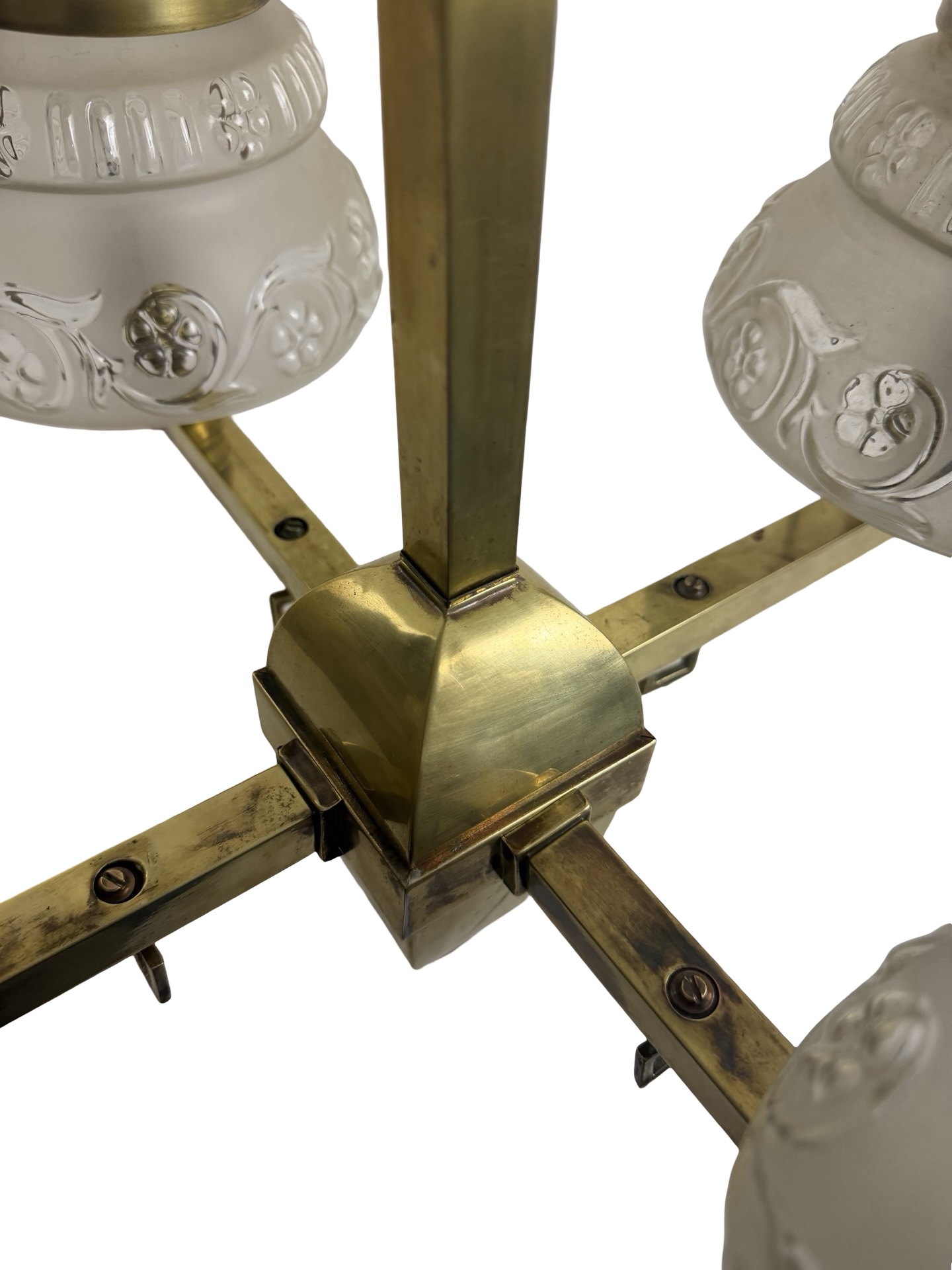 VL1294 Antique c1910 Craftsman Brass 4-Light Pole Chandelier Converted Gas Restored - Image 7