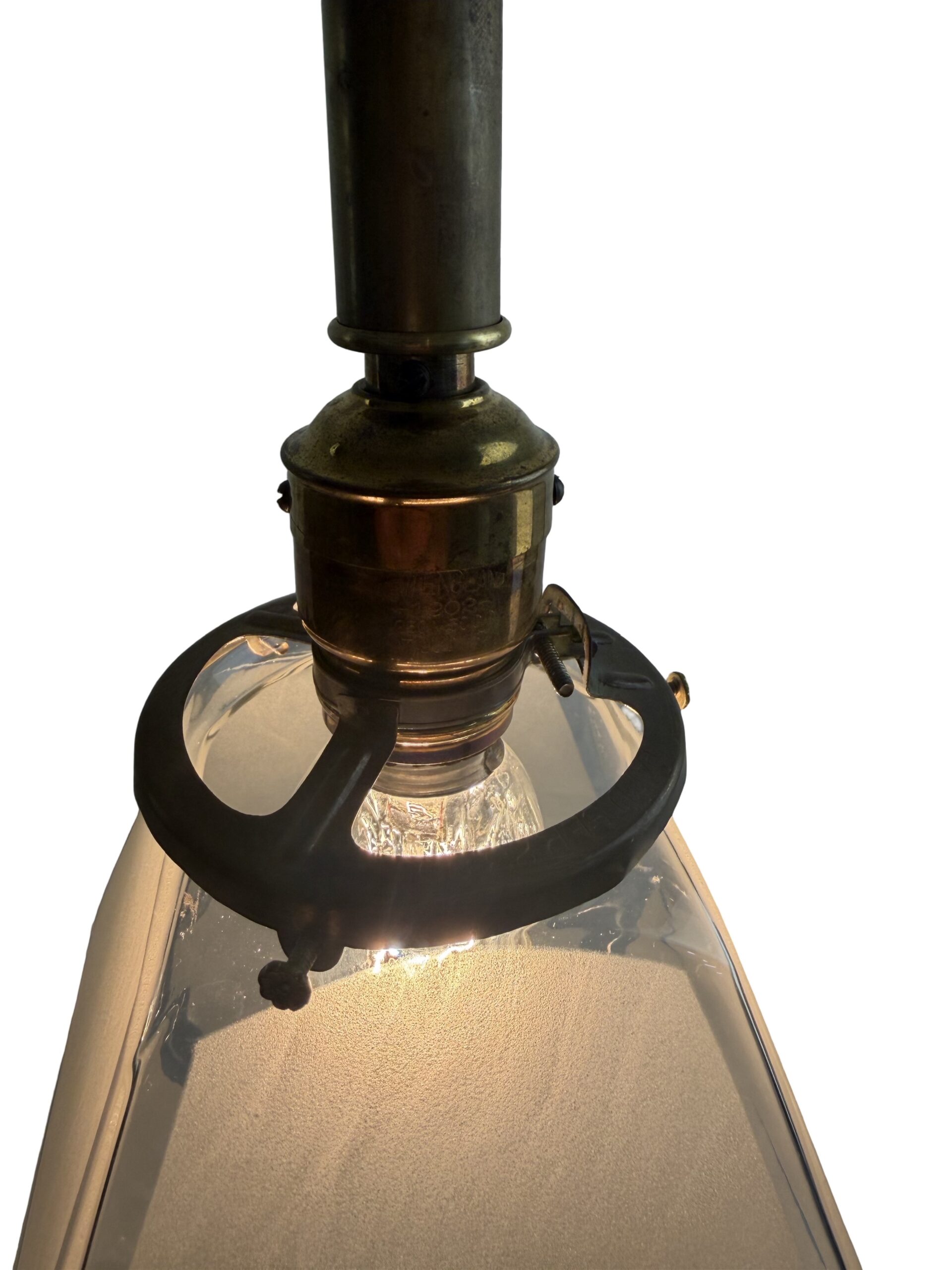 VL1396 Antique Victorian c1900 Brass Pole Pendant Etched Pyramid Shade Restored - Image 4