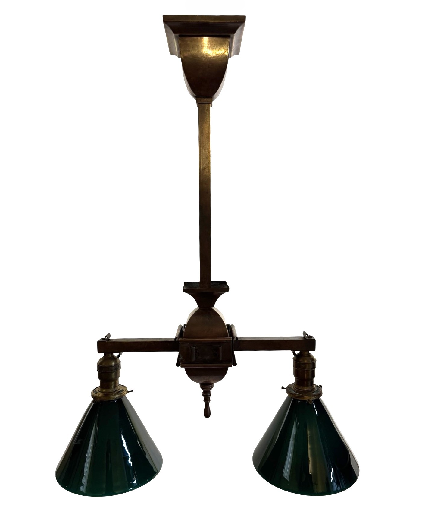 VL1398 Antique c1910 Brass Craftsman Wakefield Pendant Emeralite Shades Restored - Image 2