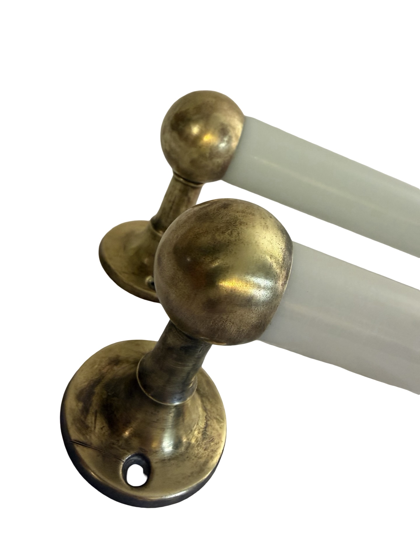 VBP1120 Pair Antique Vintage c1910 Brass & Milk Glass Towel Bars Restored - Image 2