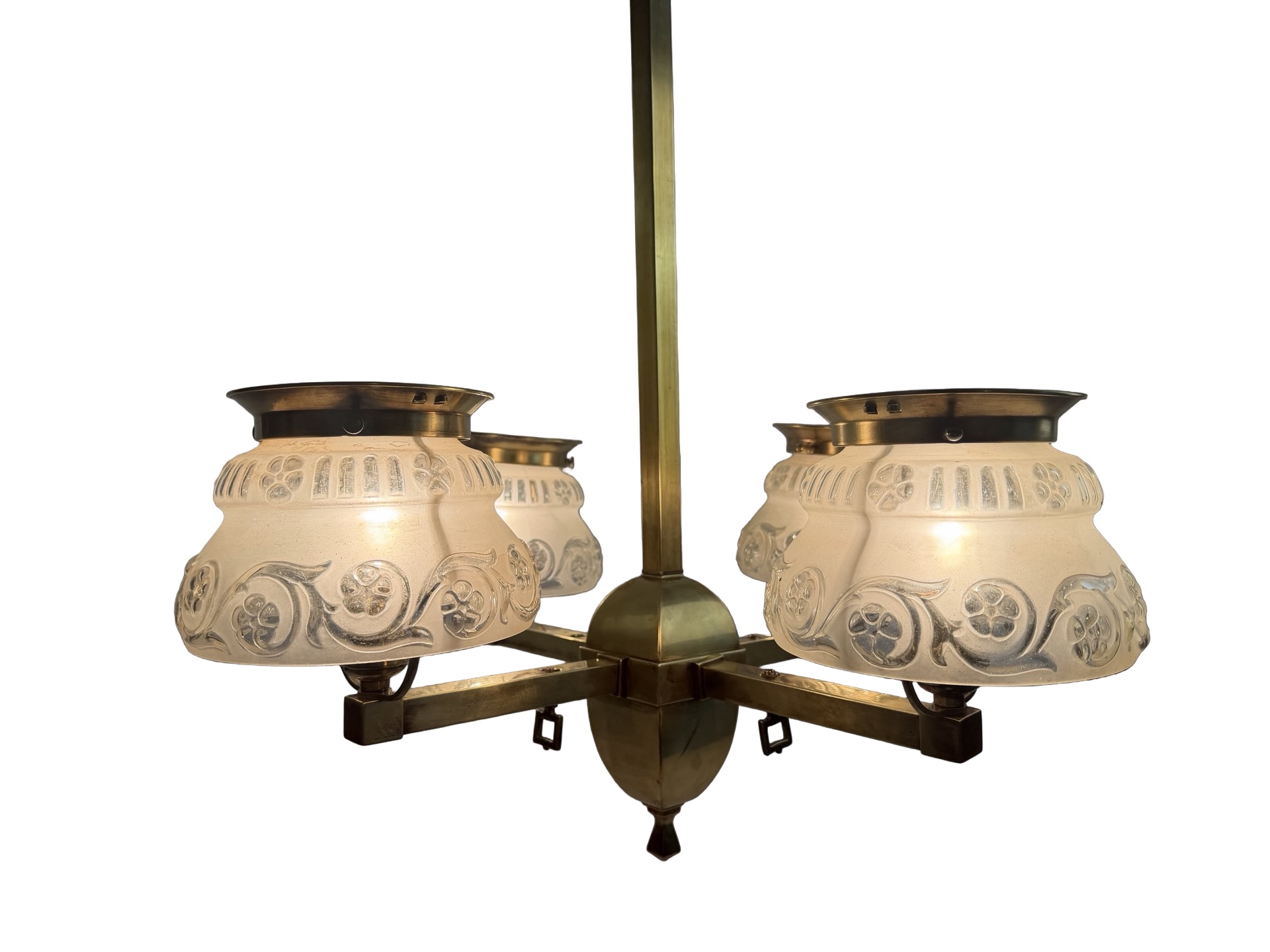 VL1294 Antique c1910 Craftsman Brass 4-Light Pole Chandelier Converted Gas Restored - Image 3