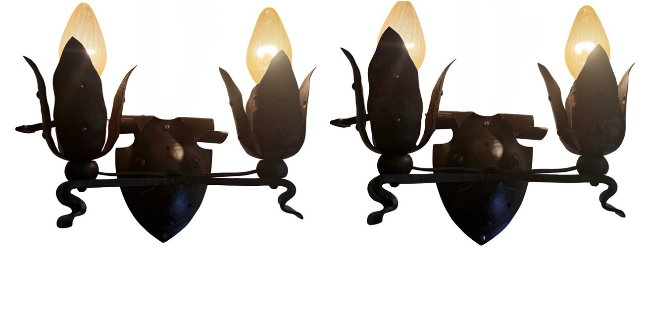 VL1399 Pr Antique c1910 French Gothic Spanish Revival A&C Iron Sconces Restored - Image 2