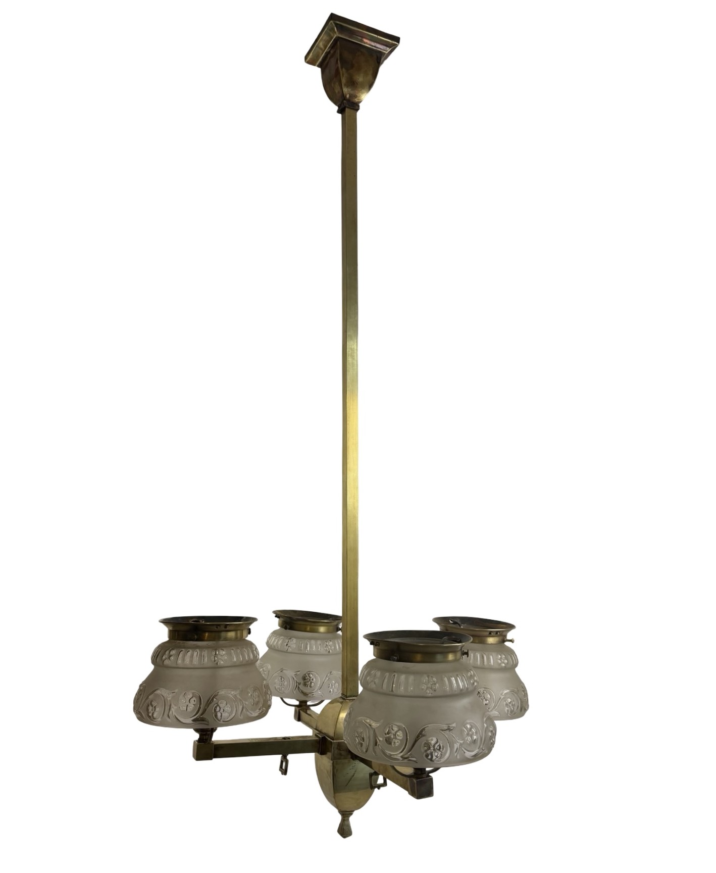 VL1294 Antique c1910 Craftsman Brass 4-Light Pole Chandelier Converted Gas Restored - Image 2
