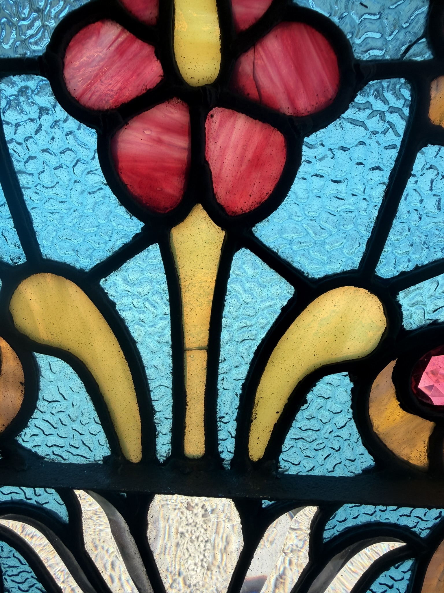 AG1101 Antique Victorian Landing Window c1890 Beveled Jewels Original Glass - Image 5