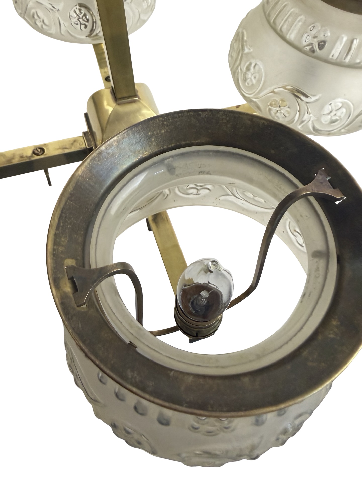 VL1294 Antique c1910 Craftsman Brass 4-Light Pole Chandelier Converted Gas Restored - Image 5