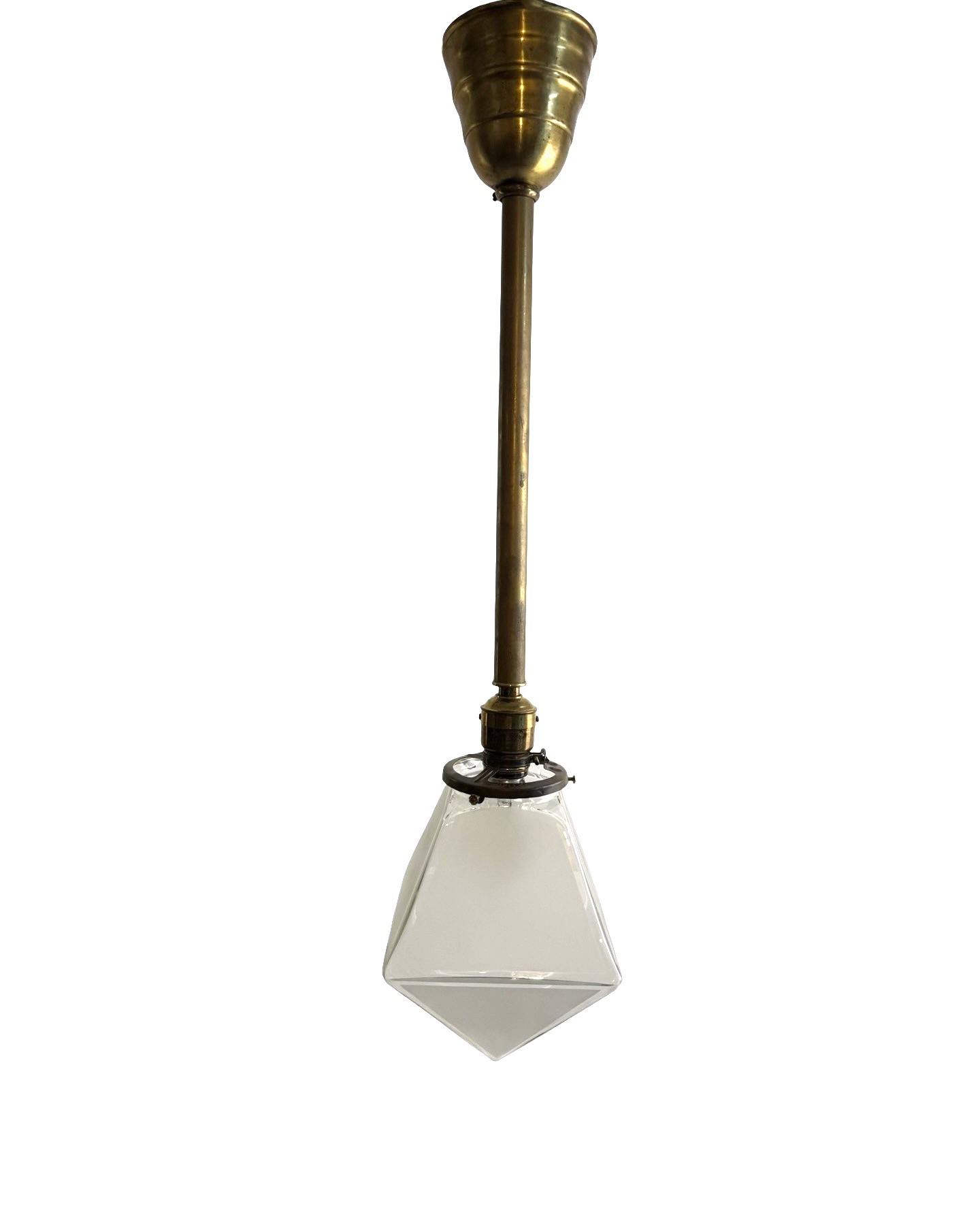 VL1396 Antique Victorian c1900 Brass Pole Pendant Etched Pyramid Shade Restored - Image 2