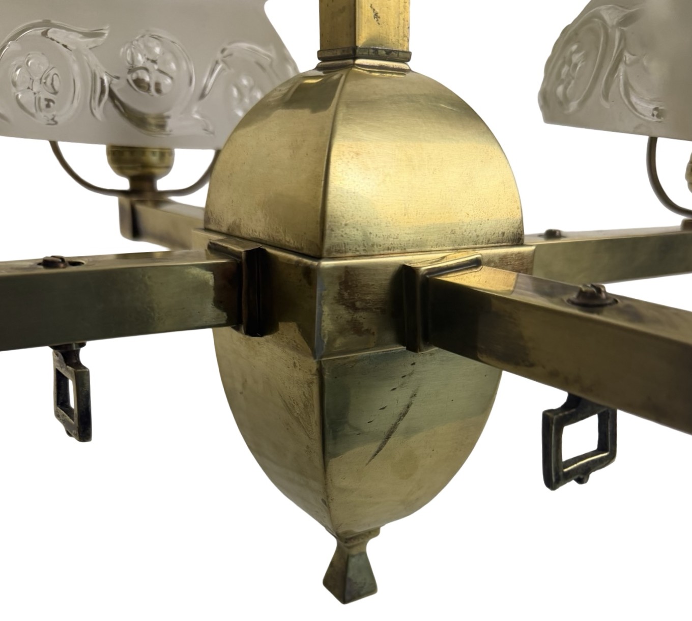 VL1294 Antique c1910 Craftsman Brass 4-Light Pole Chandelier Converted Gas Restored - Image 6