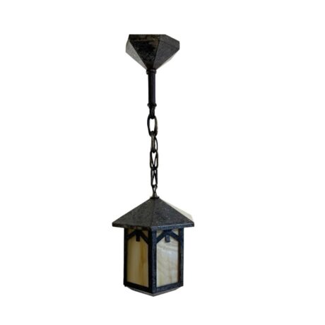 VL1408 Antique c1920 Wrought Iron Lantern Pendant Slag Glass Panels Restored