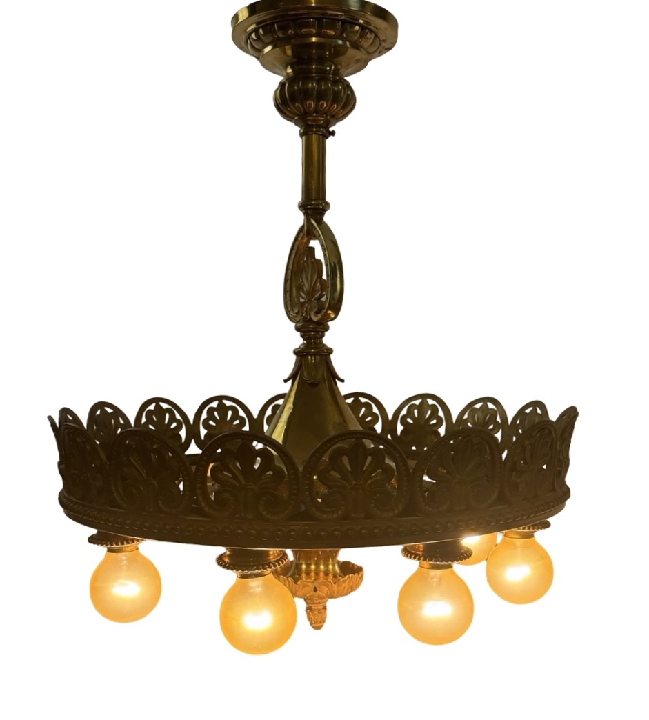 VL1402 Antique Vintage c1915 Cast Bronze 8 Light Bare Bulb Chandelier Restored