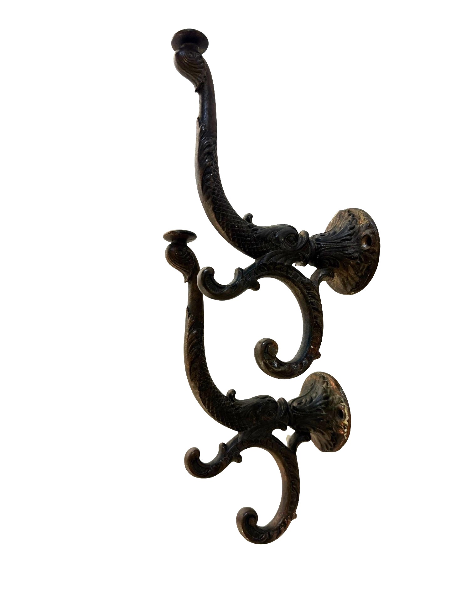 AH1050 Pair Antique c1890 Victorian Large 8” Cast Iron Wall Hooks Dolphin - Image 2
