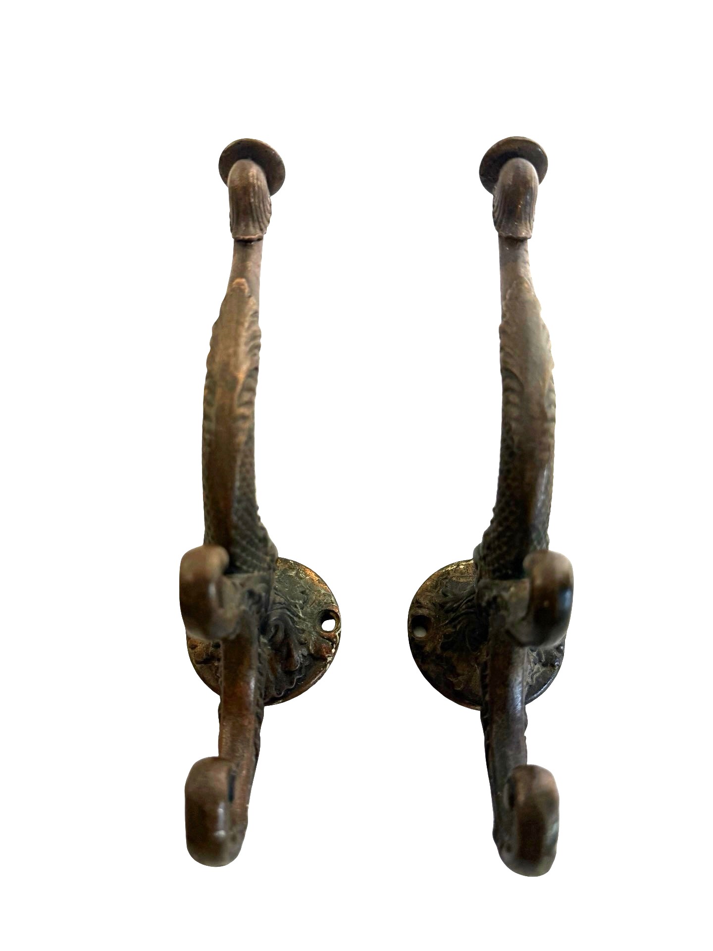 AH1050 Pair Antique c1890 Victorian Large 8” Cast Iron Wall Hooks Dolphin - Image 6
