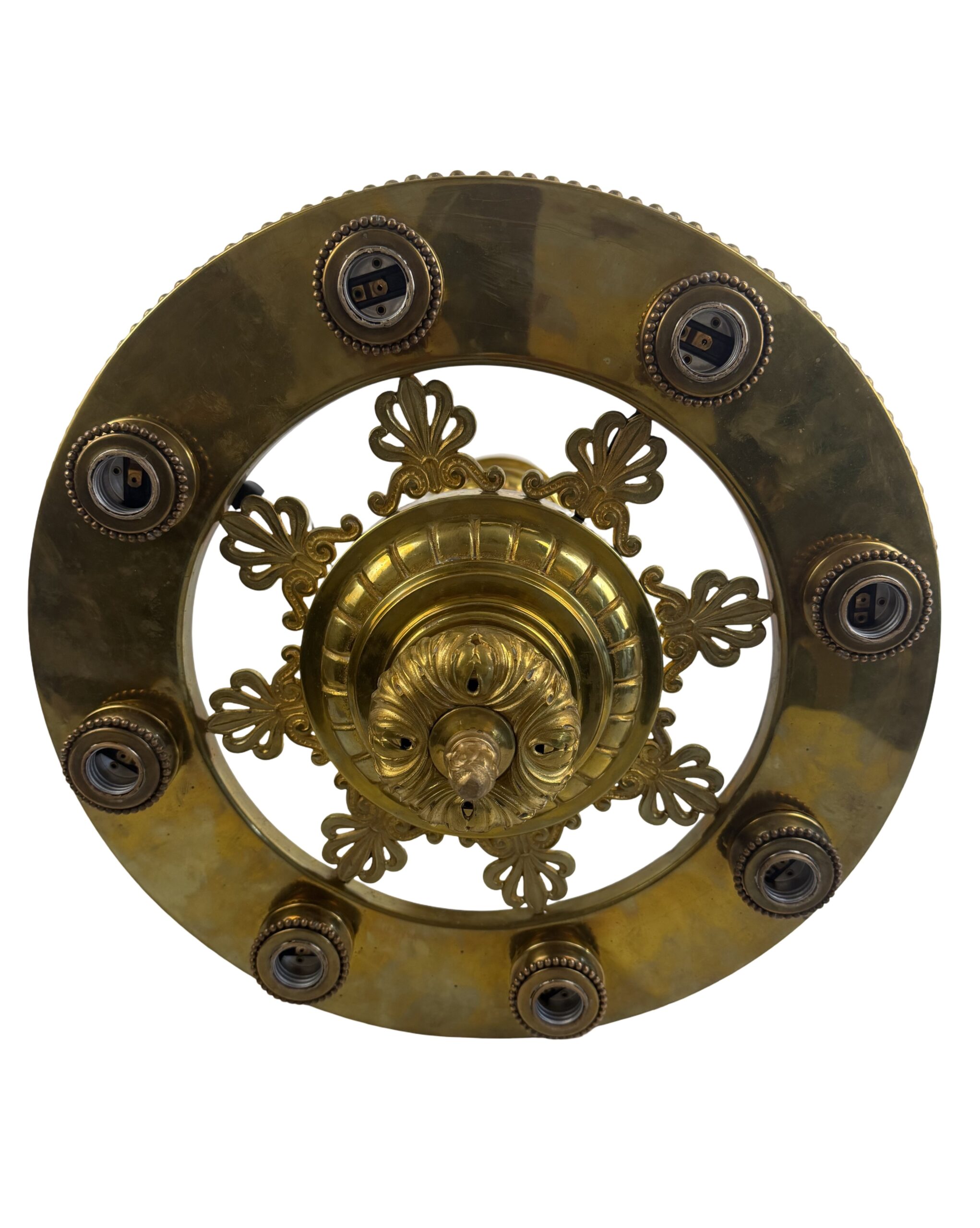 VL1402 Antique Vintage c1915 Cast Bronze 8 Light Bare Bulb Chandelier Restored - Image 2