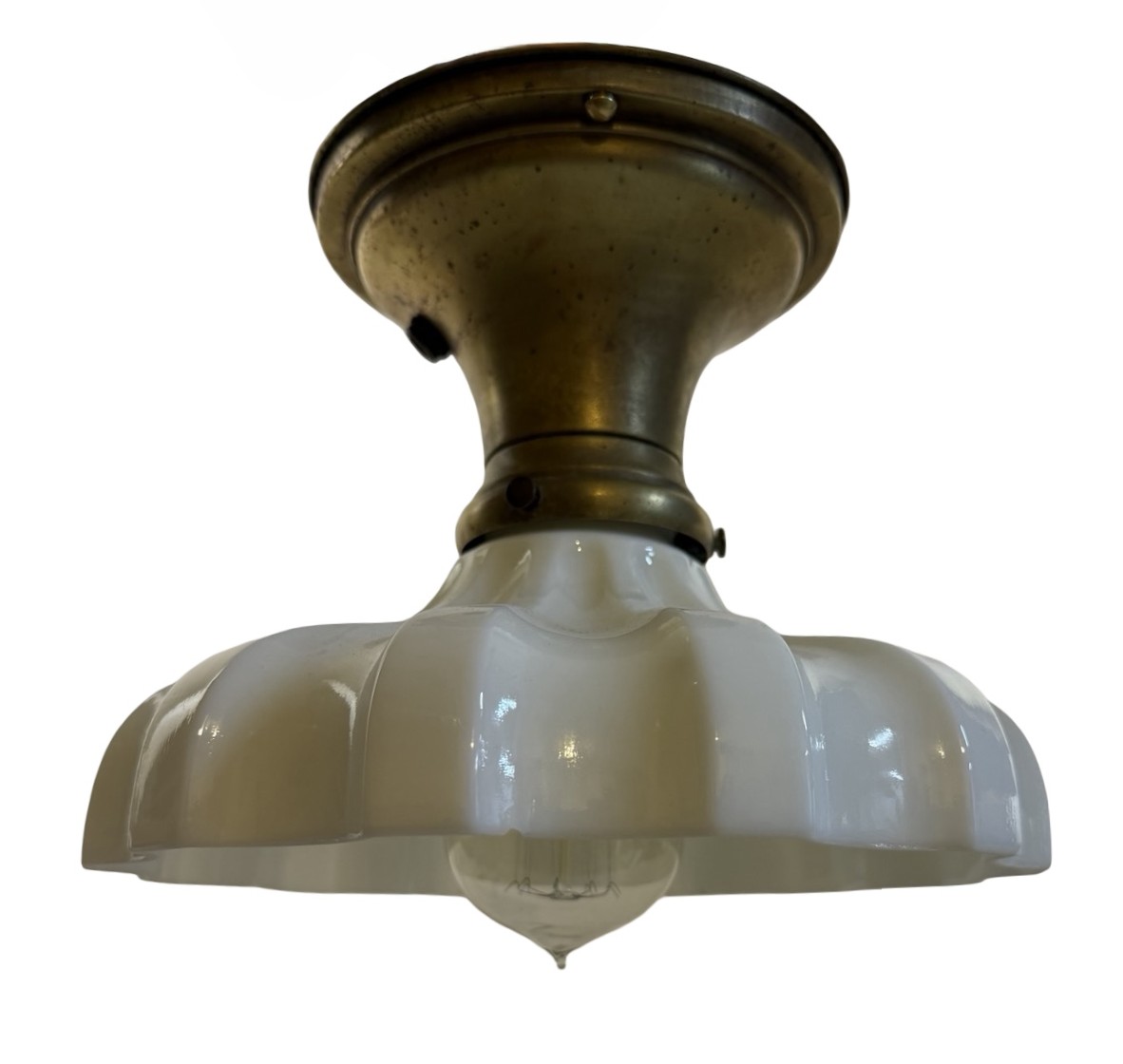 VL1412 Antique Brass c1910 Semi Flush Mount Milk Glass Sheffield Shade Restored - Image 2