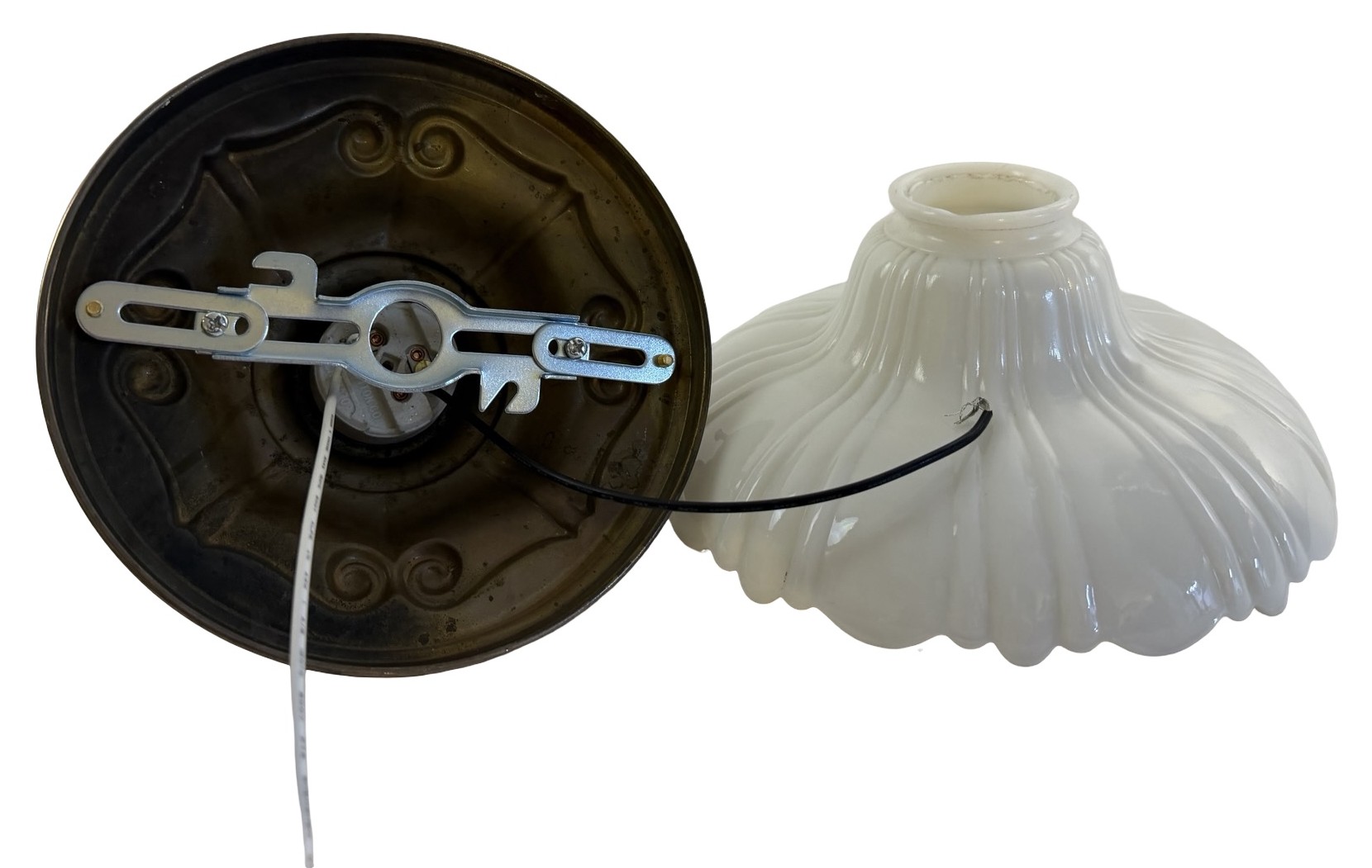 VL1410 Antique Brass c1910 Semi Flush Mount Milk Glass Sheffield Shade Restored - Image 5