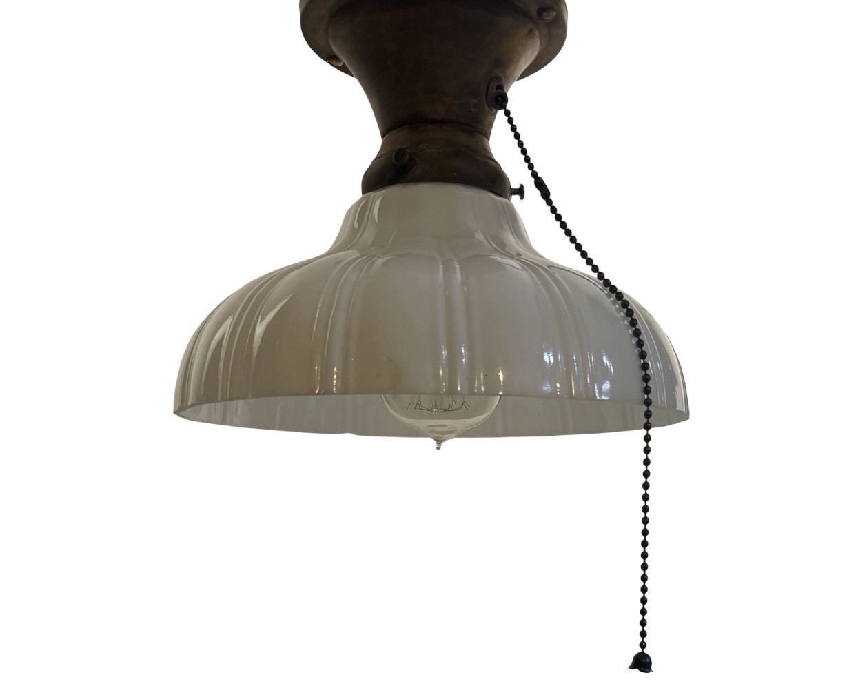VL1411 Antique Brass c1910 Semi Flush Mount Milk Glass Sheffield Shade Restored - Image 2