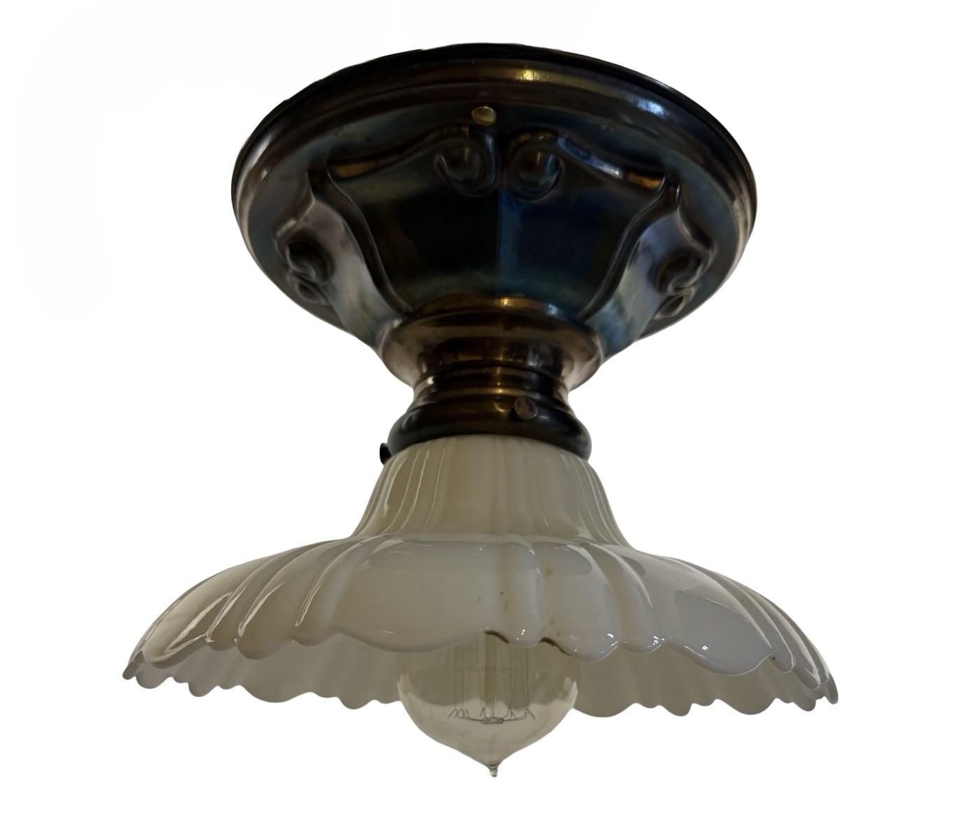VL1410 Antique Brass c1910 Semi Flush Mount Milk Glass Sheffield Shade Restored - Image 2