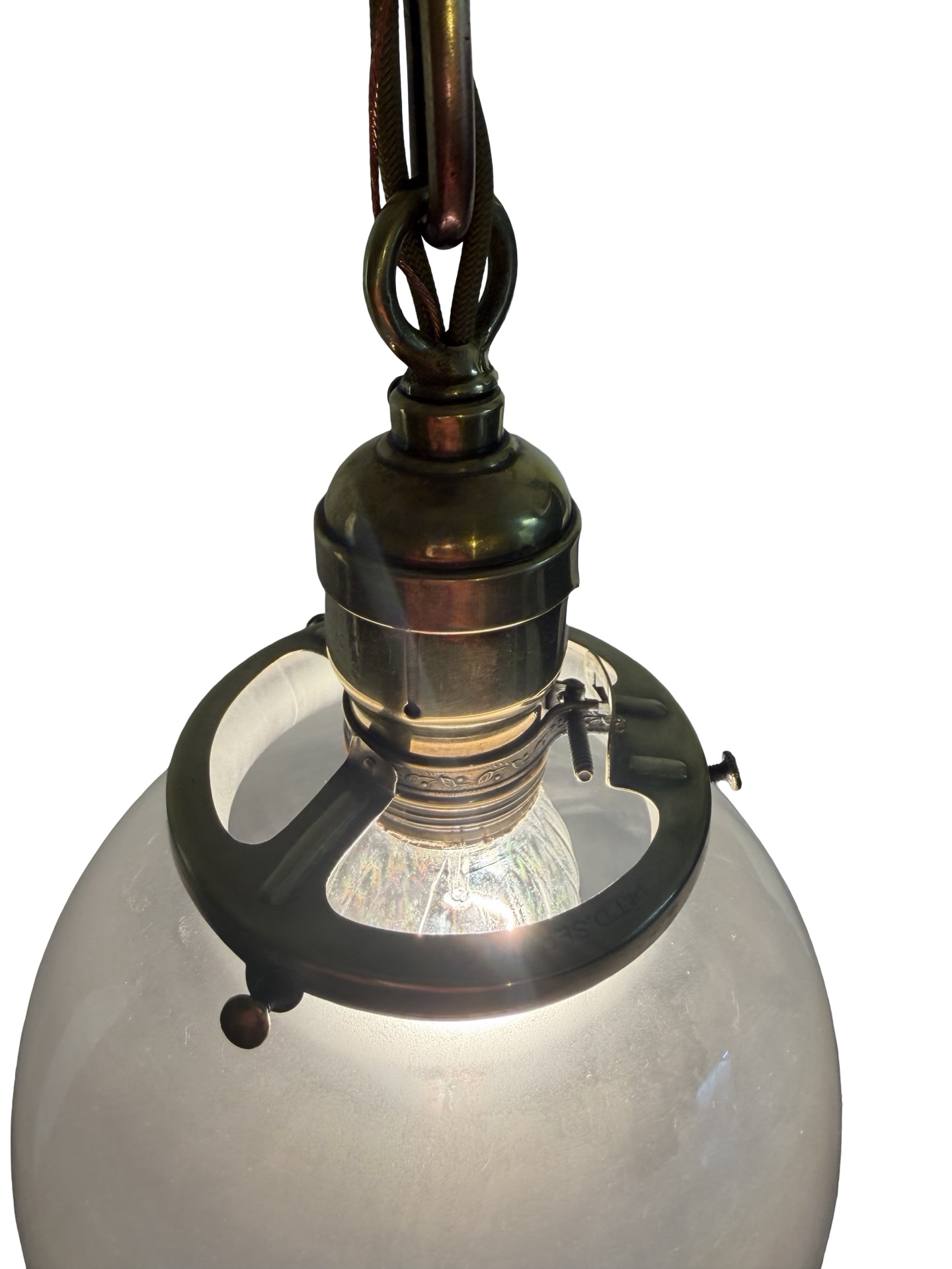 VL1413 Antique Victorian Brass c1900 Pendant Interior Etched Globe Restored - Image 3