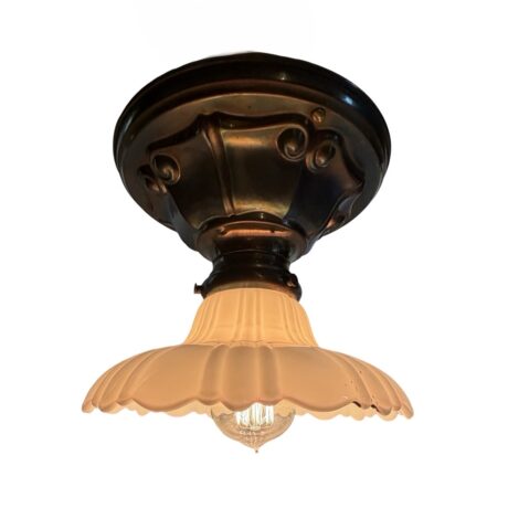 VL1410 Antique Brass c1910 Semi Flush Mount Milk Glass Sheffield Shade Restored