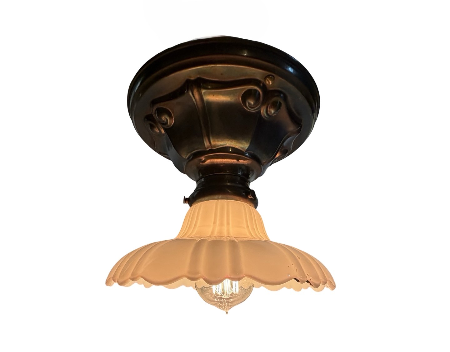 VL1410 Antique Brass c1910 Semi Flush Mount Milk Glass Sheffield Shade Restored