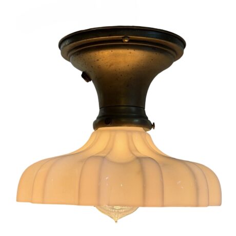 VL1412 Antique Brass c1910 Semi Flush Mount Milk Glass Sheffield Shade Restored