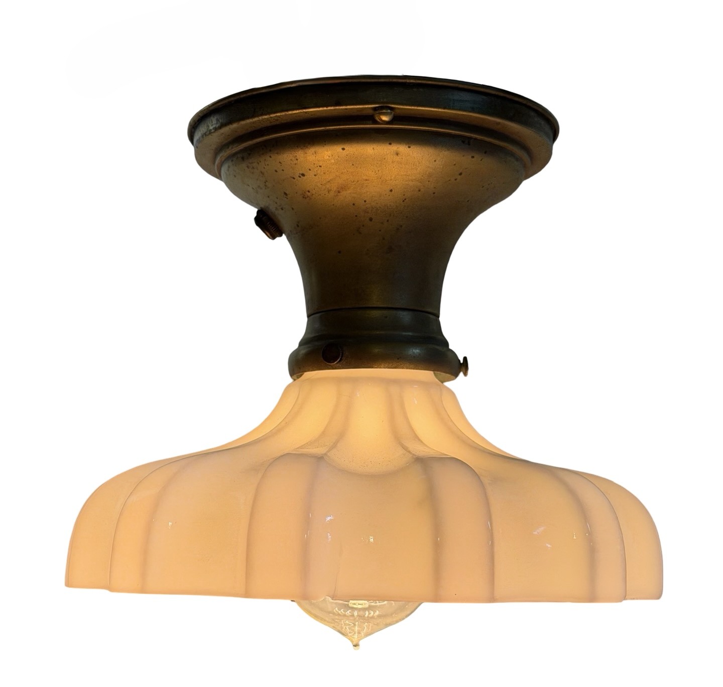 VL1412 Antique Brass c1910 Semi Flush Mount Milk Glass Sheffield Shade Restored
